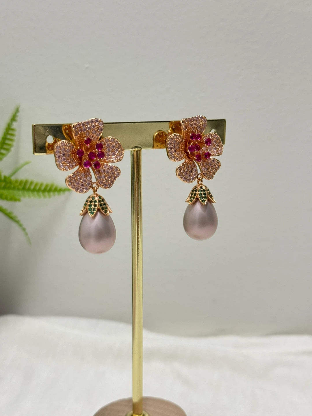 Rose Gold Flower Earrings with Pink Pearl Drop - photo 2