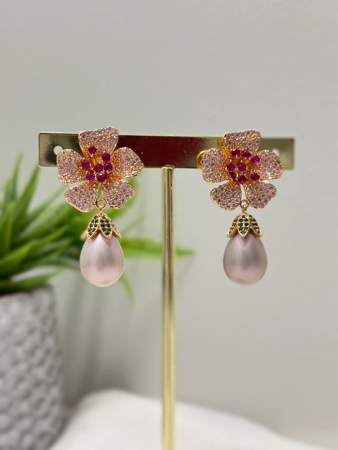 Rose Gold Flower Earrings with Pink Pearl Drop - photo 4