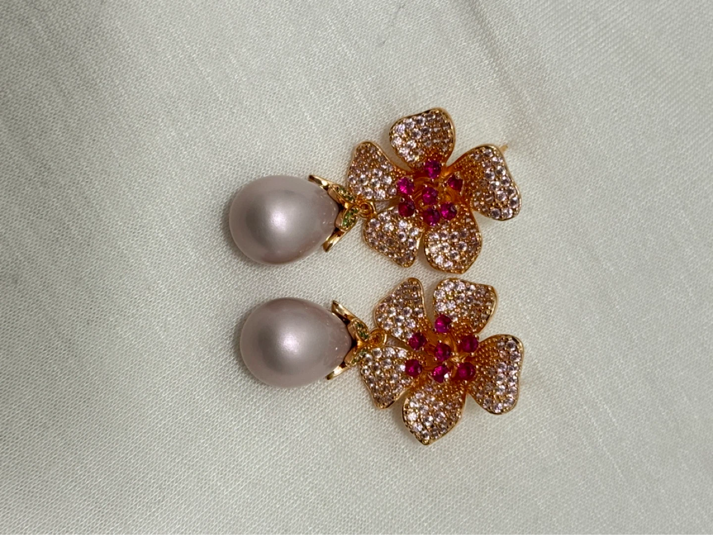 Rose Gold Flower Earrings with Pink Pearl Drop - photo 5