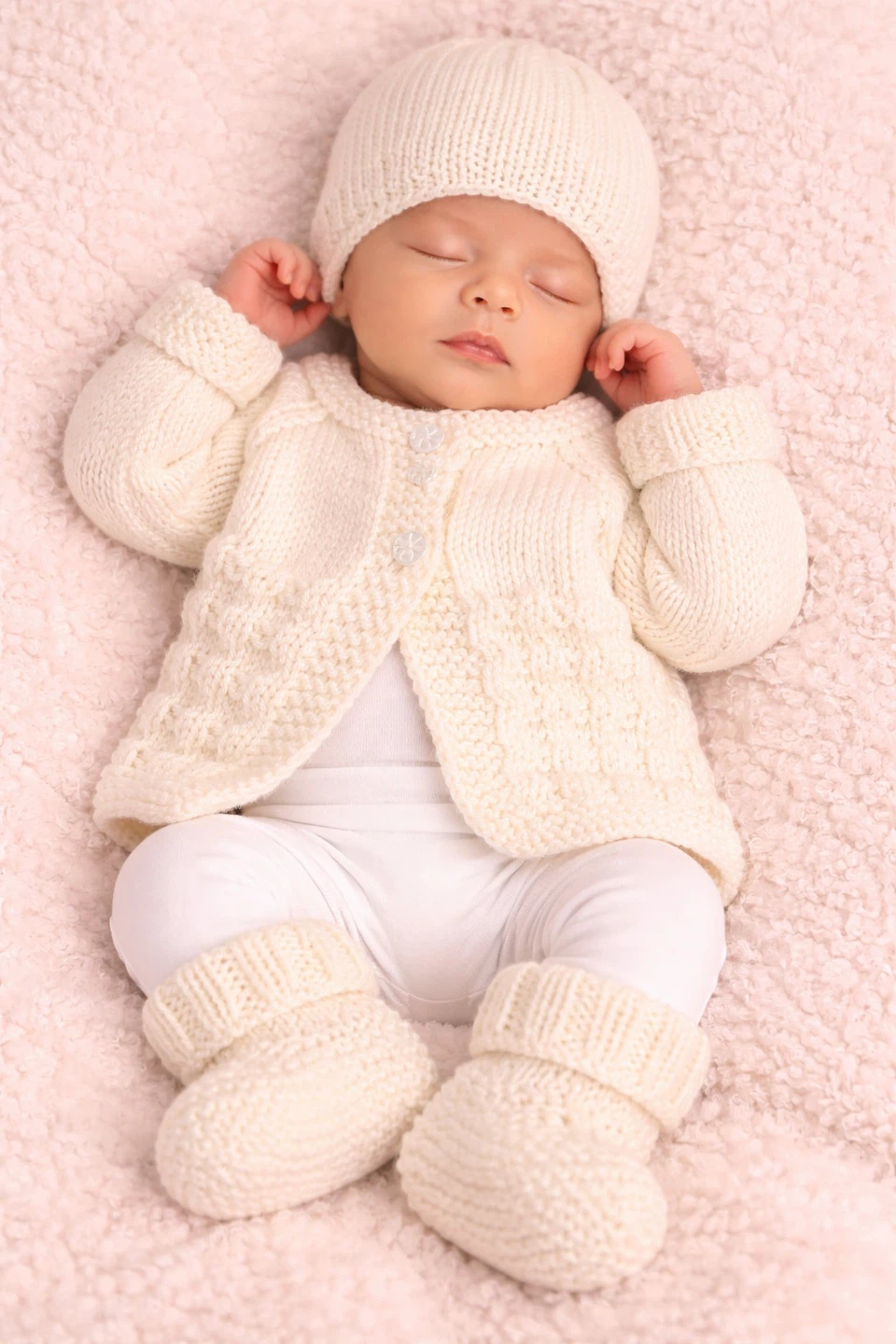 Hand-Knitted Baby Cardigan, Hat, and Booties Set