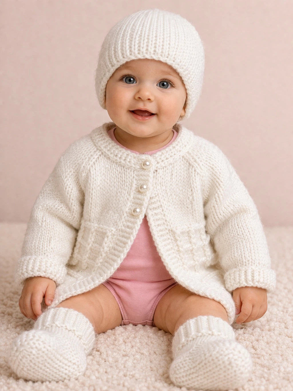 Hand-Knitted Baby Cardigan, Hat, and Booties Set - photo 5