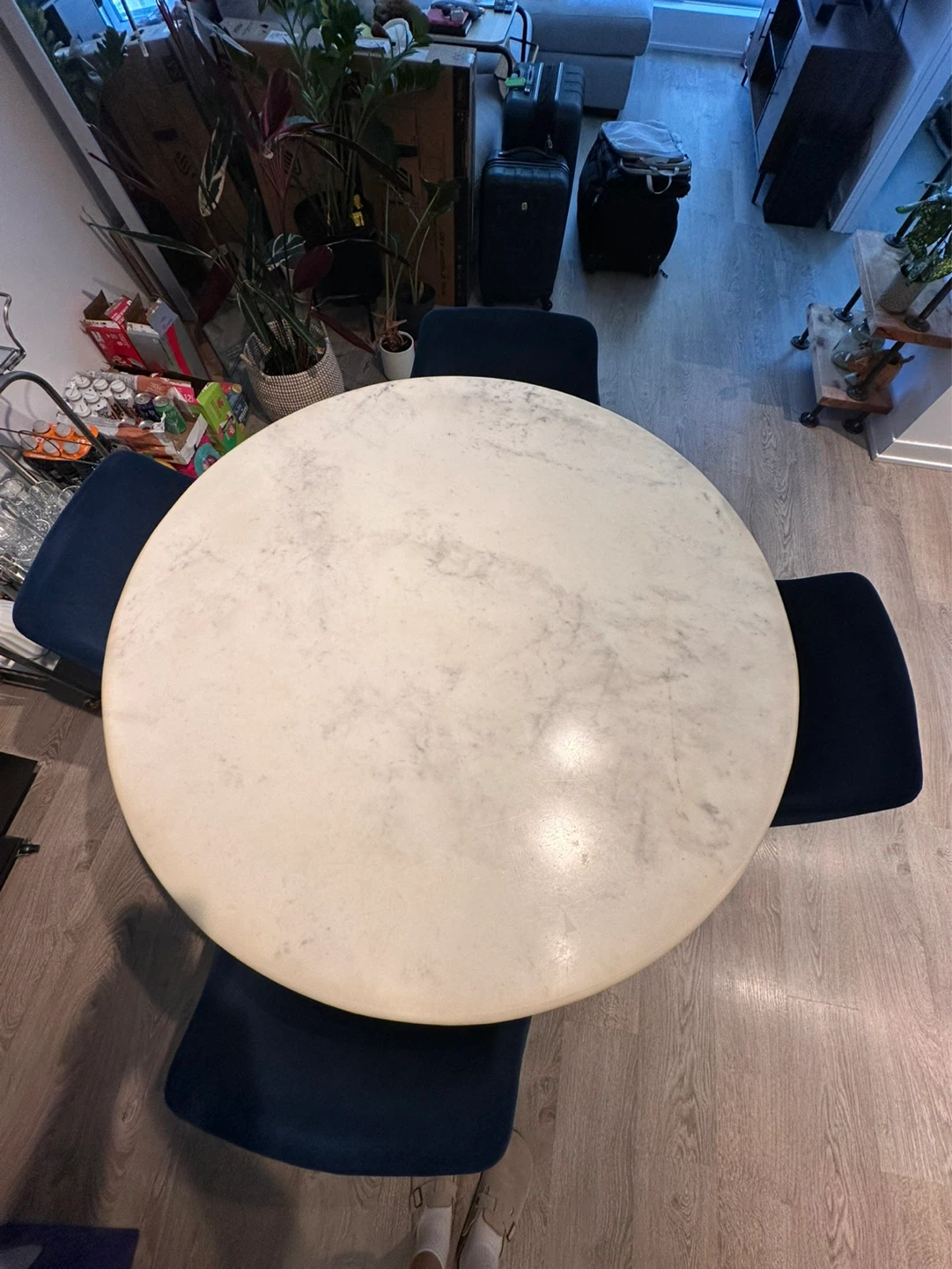 Round Real Marble Top Dining Table with 4 Blue Chairs - photo 2