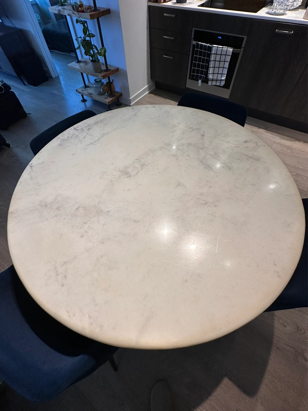 Round Real Marble Top Dining Table with 4 Blue Chairs - photo 3