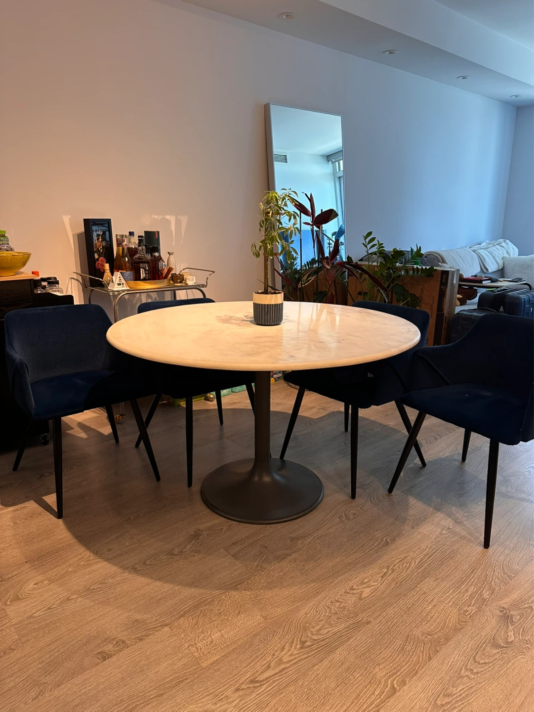 Round Real Marble Top Dining Table with 4 Blue Chairs - photo 5