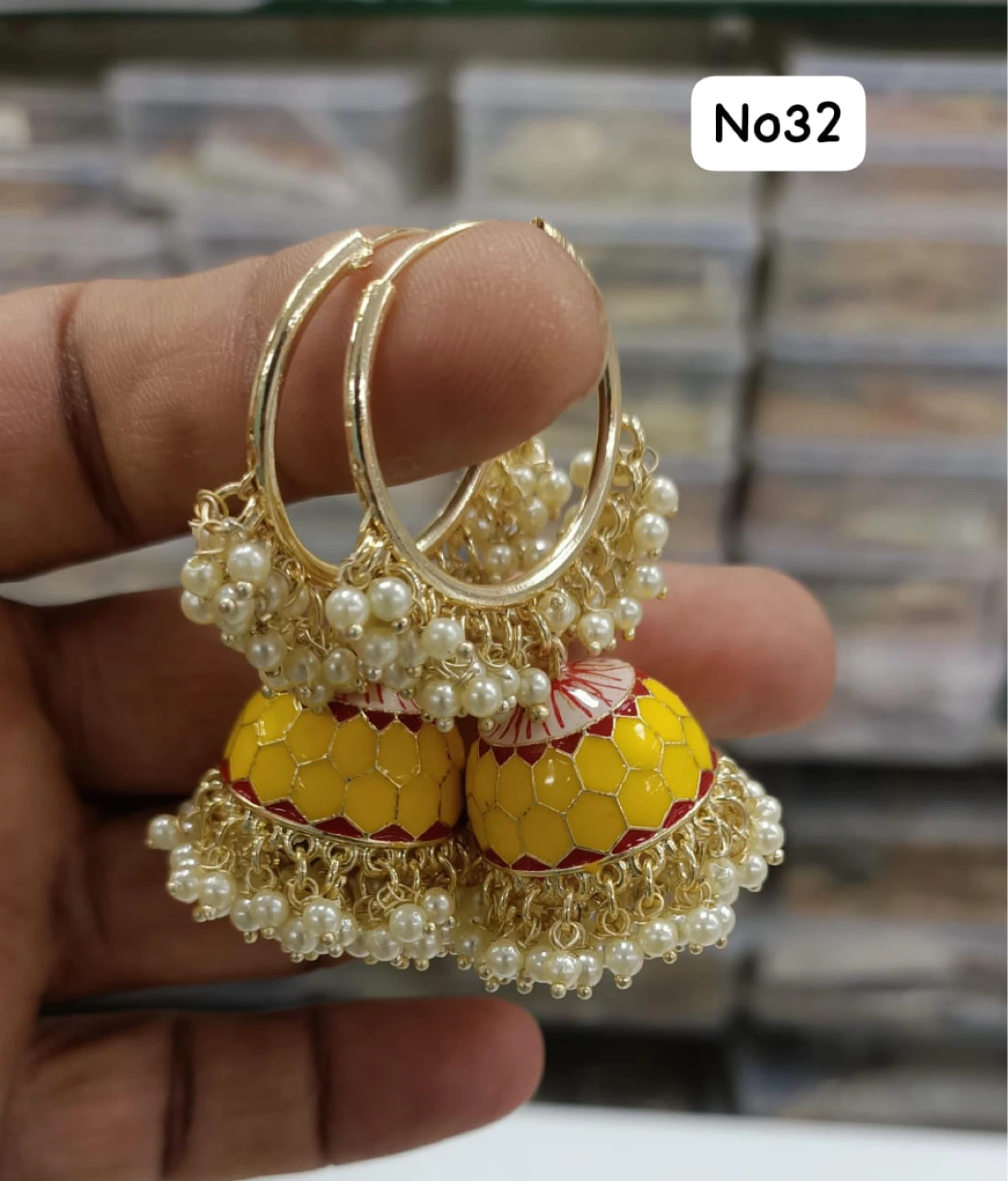 Yellow Jhumka Earrings with Pearls
