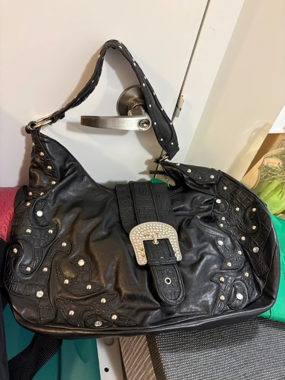 Black Hobo Handbag with Rhinestones and Buckle
