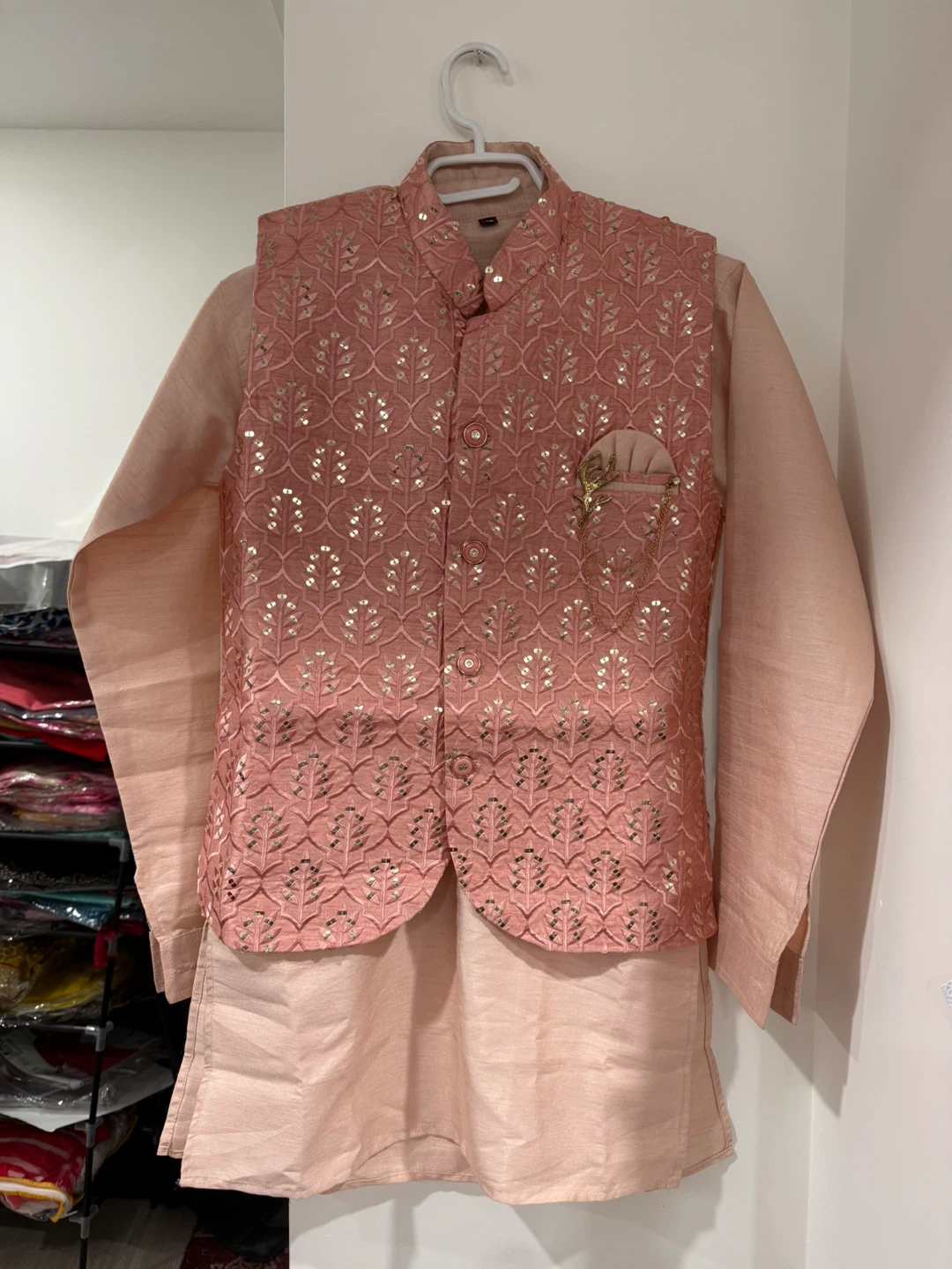 Boys Pink Embroidered Kurta Jacket Set