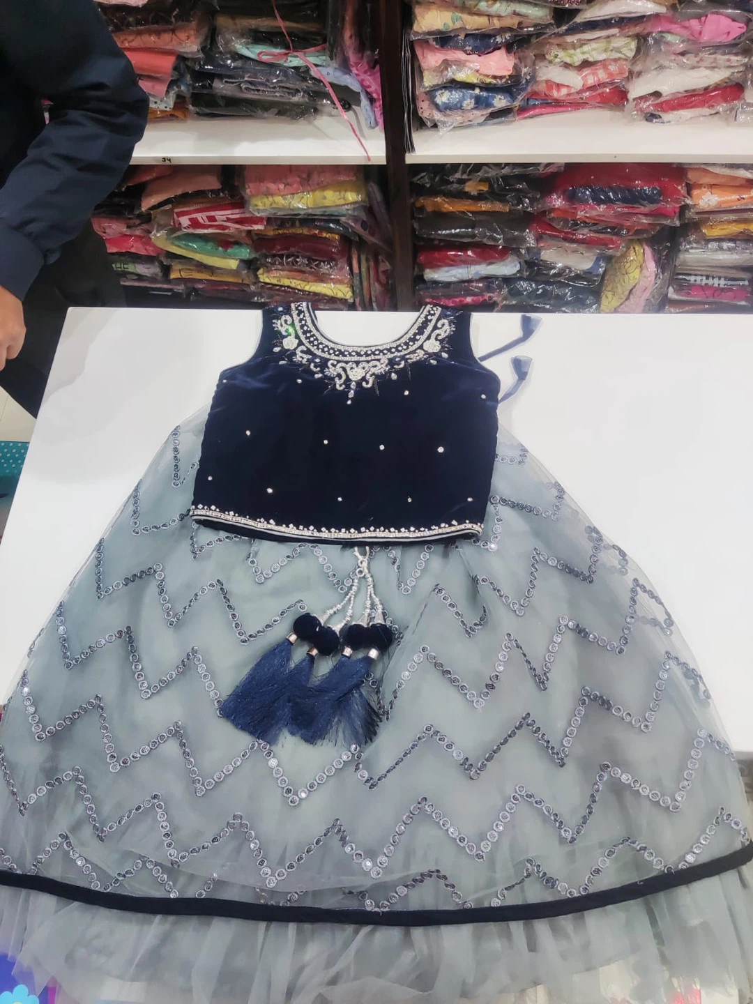 Kids Navy Blue Velvet & Tulle Skirt Set