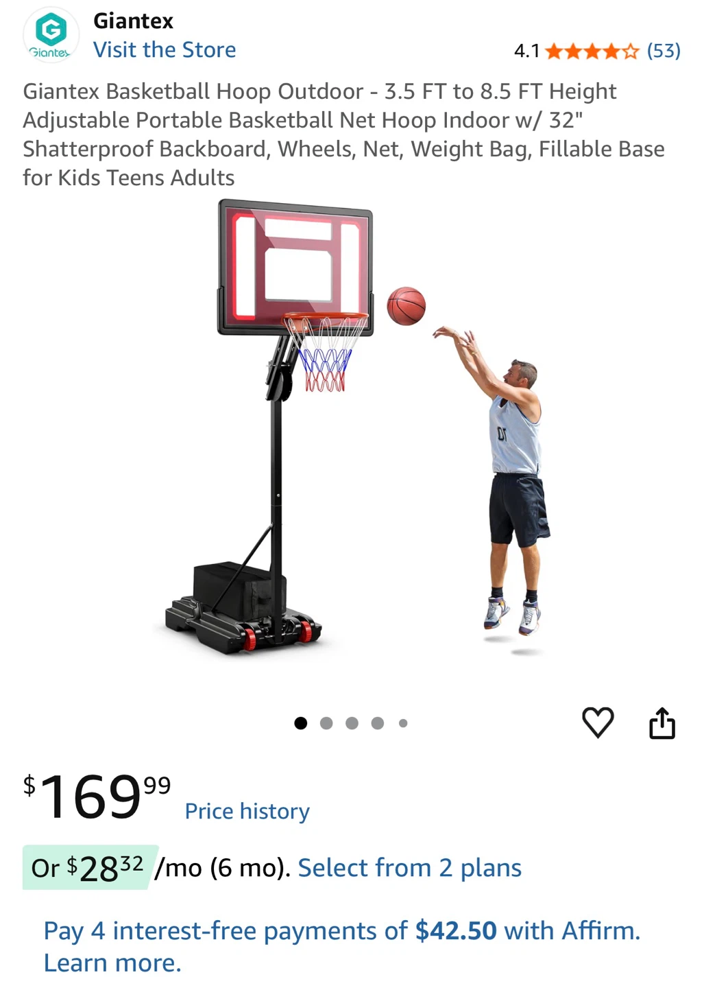 Giantex Portable Basketball Hoop - 3.5 FT to 8.5 FT