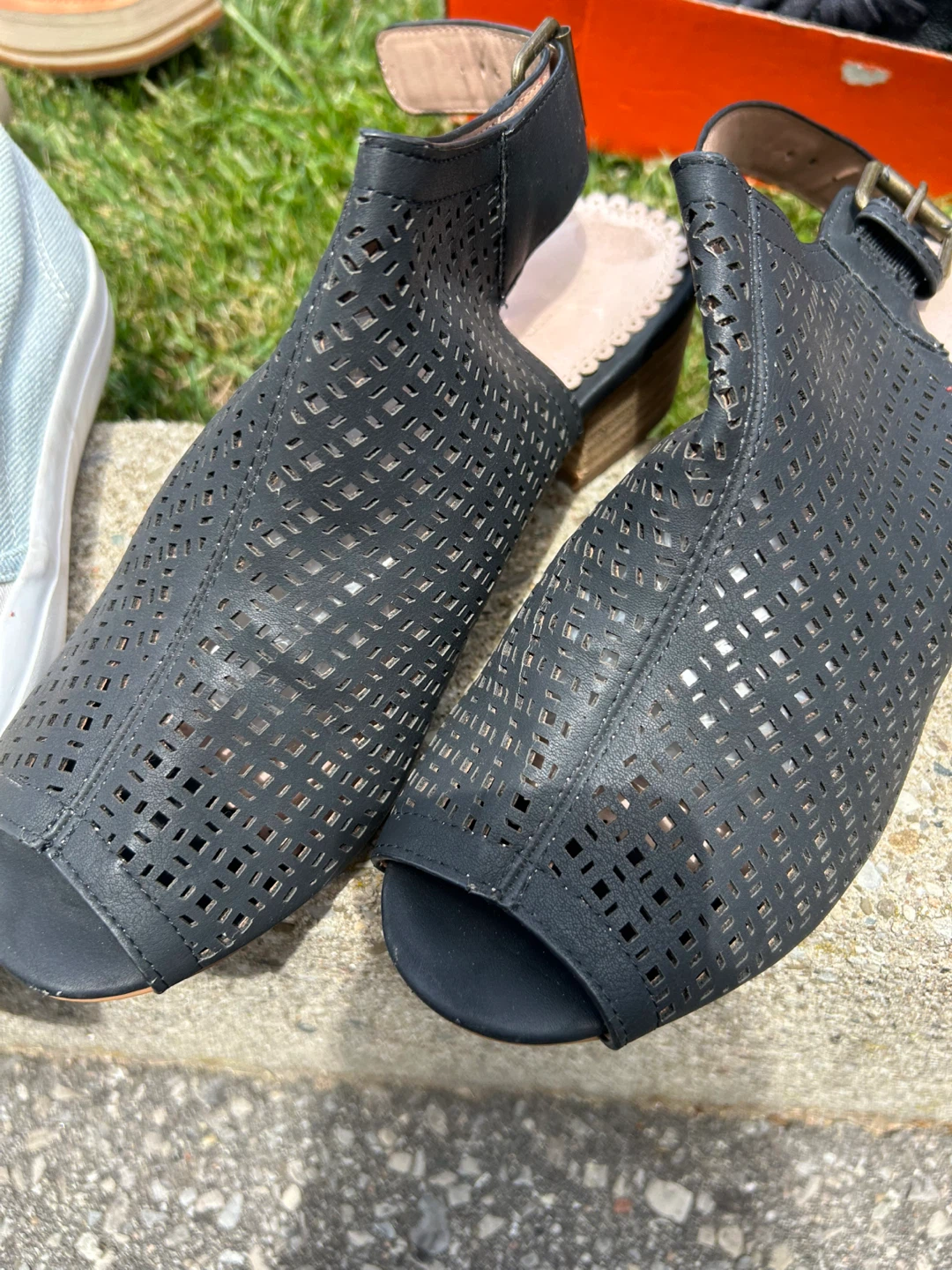 Black Perforated Open-Toe Block Heels