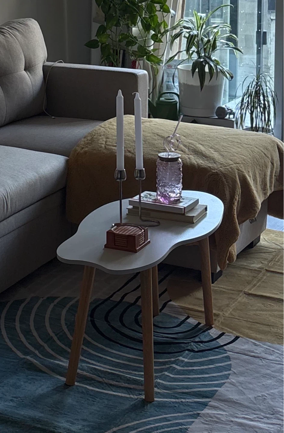 White Asymmetrical Coffee Table w Wooden Legs