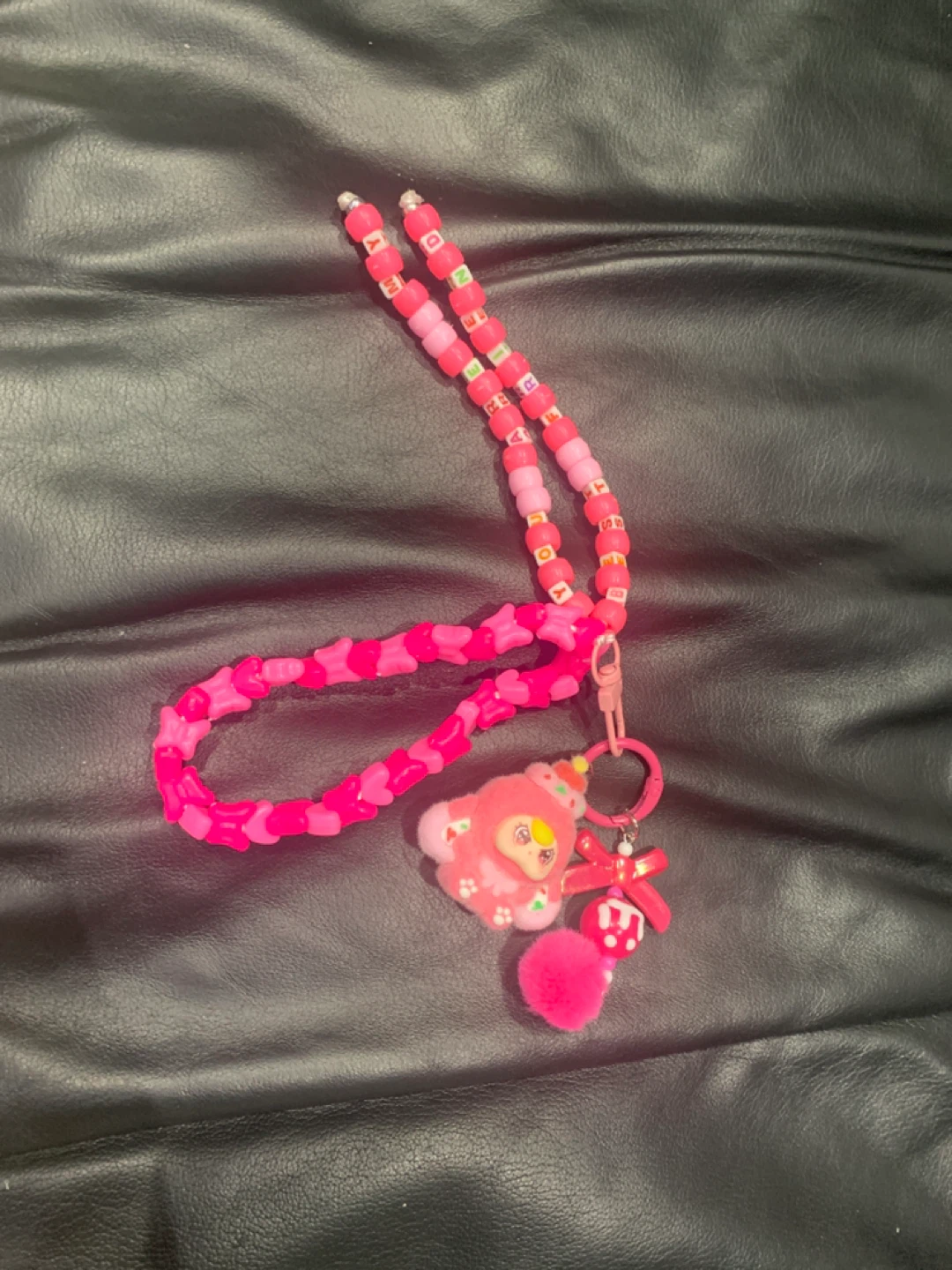 Pink Beaded Lanyard with Charm