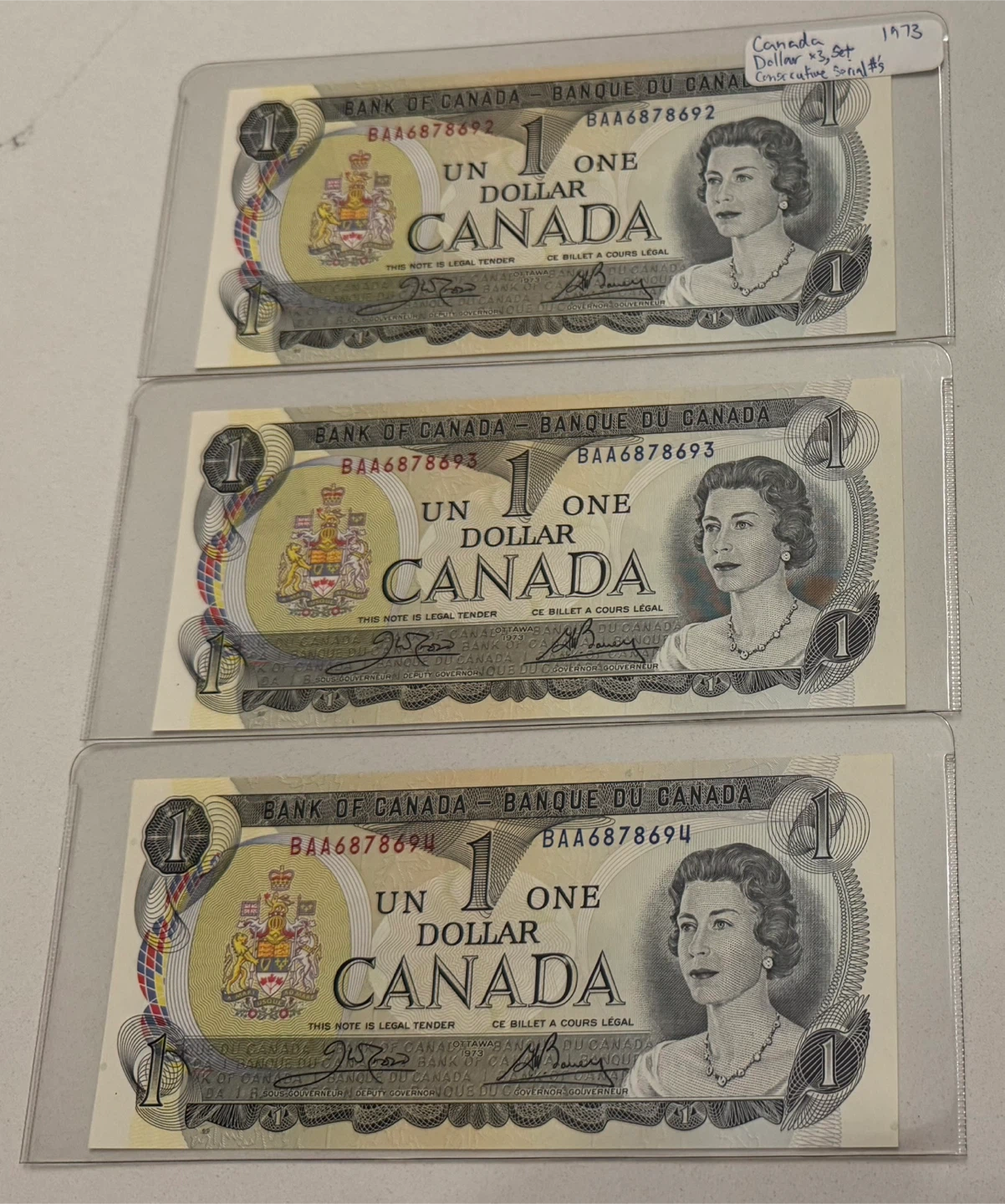Set of 3 UNC Consecutive Serial # 1973 Canadian $1 Banknotes