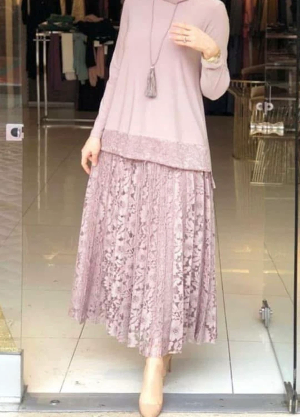 Dusty rose long sleeve top and lace skirt set