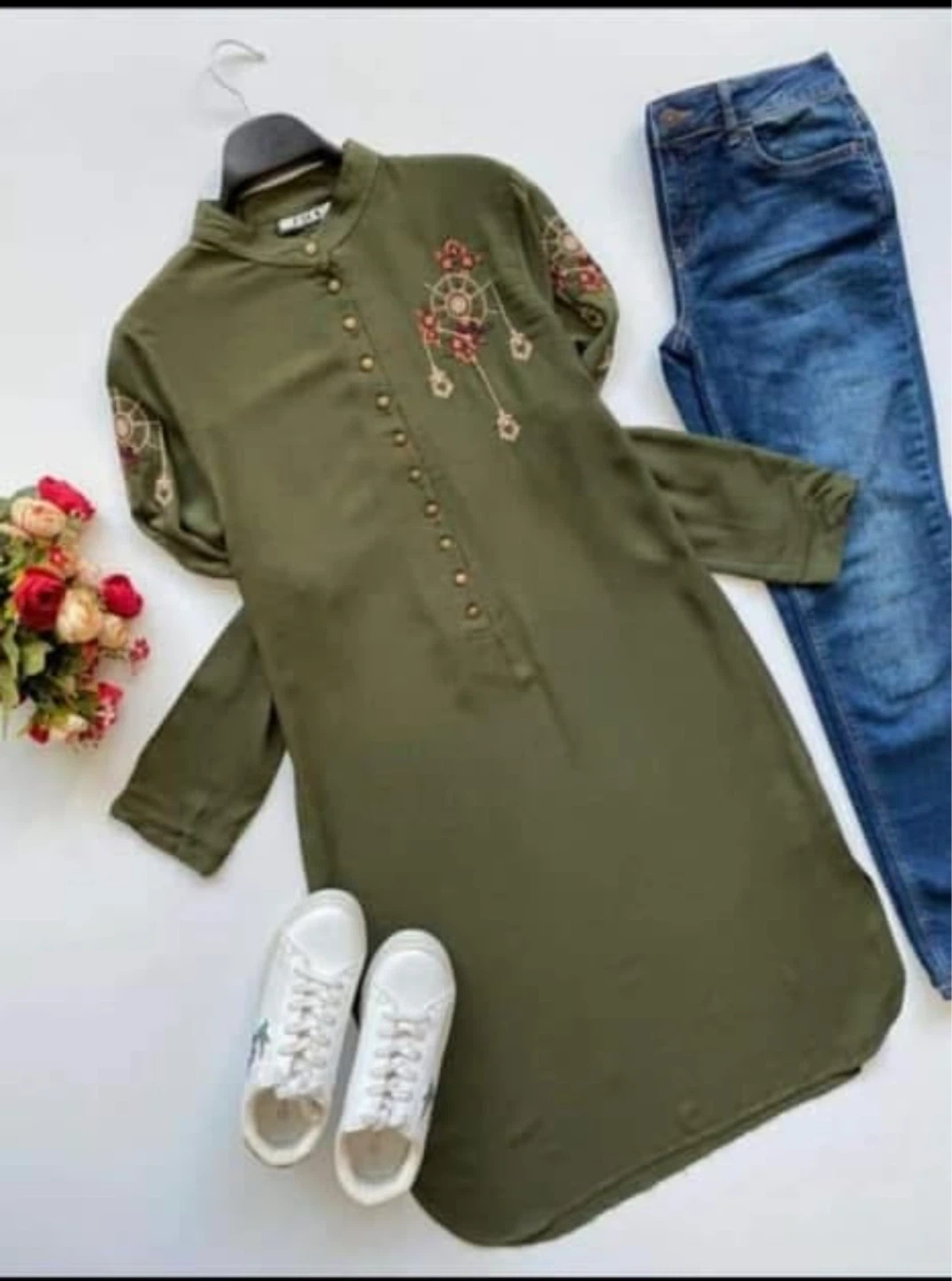 Embroidered Olive Green Longline Tunic Top