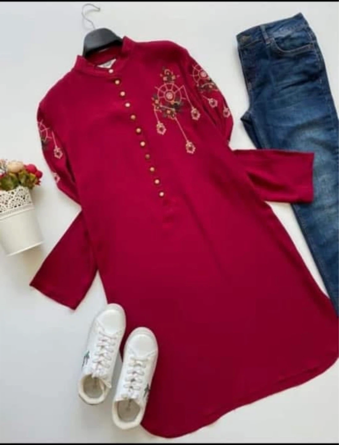 Embroidered Red Longline Tunic Top