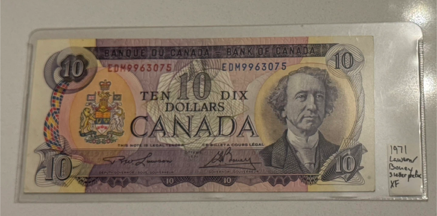 Collectible Old Canadian 1971 Ten Dollar Banknote