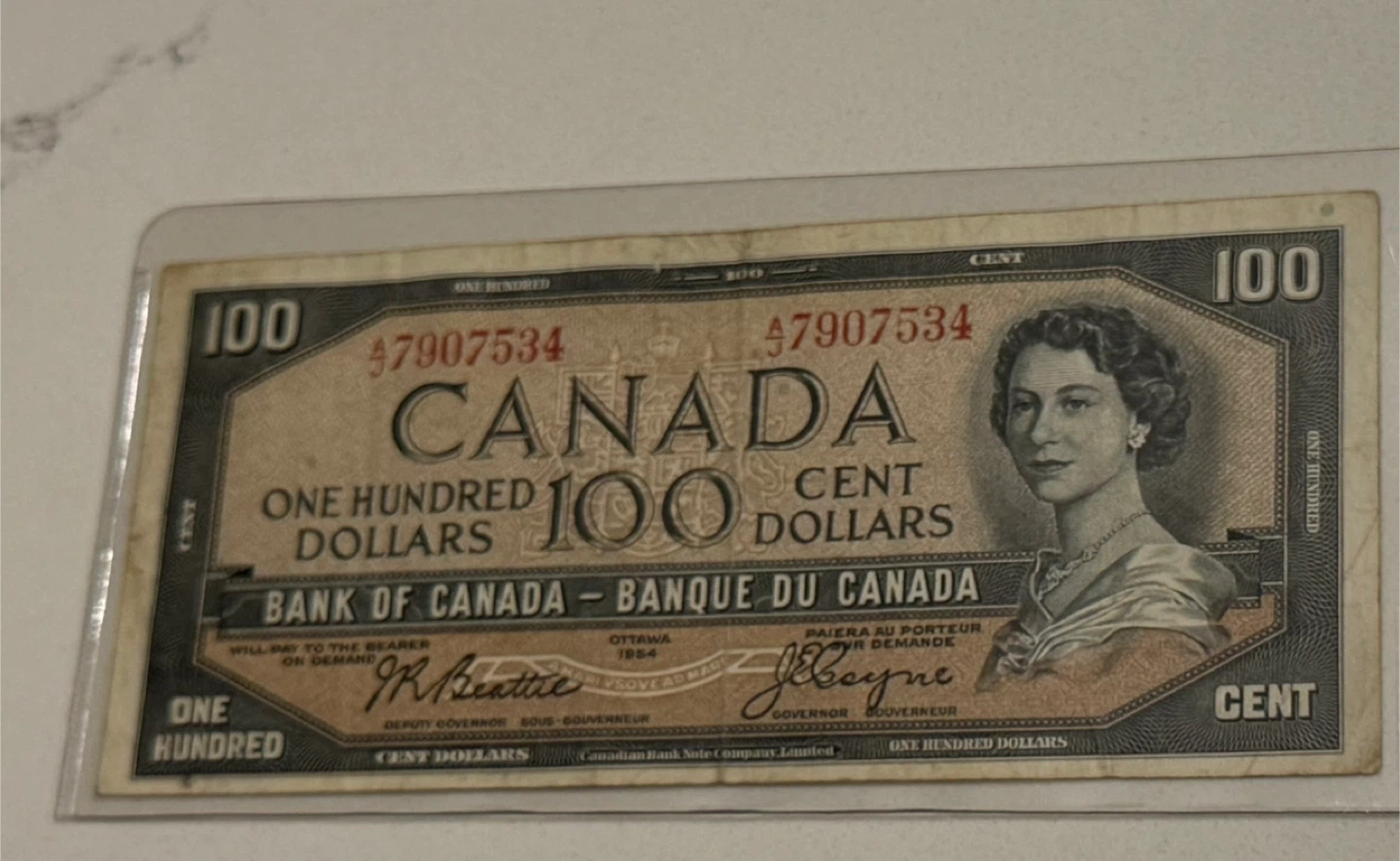 Collectible Old 1954 Canadian Hundred Dollar Banknote