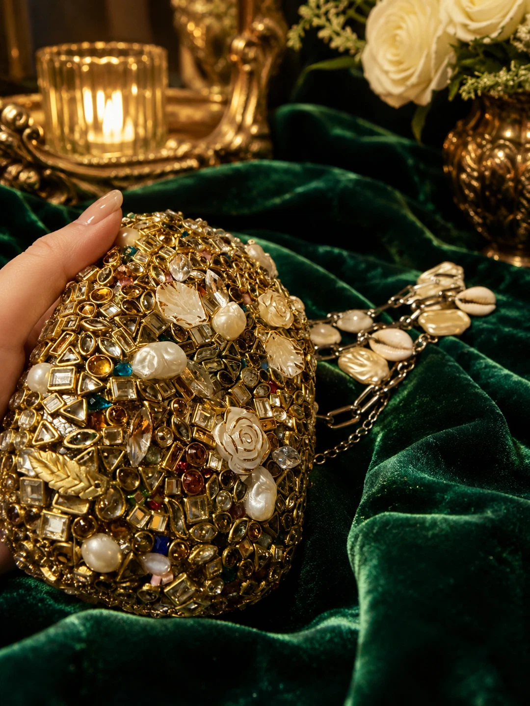 Embellished Clutch with Pearl & Shell Chain - photo 4