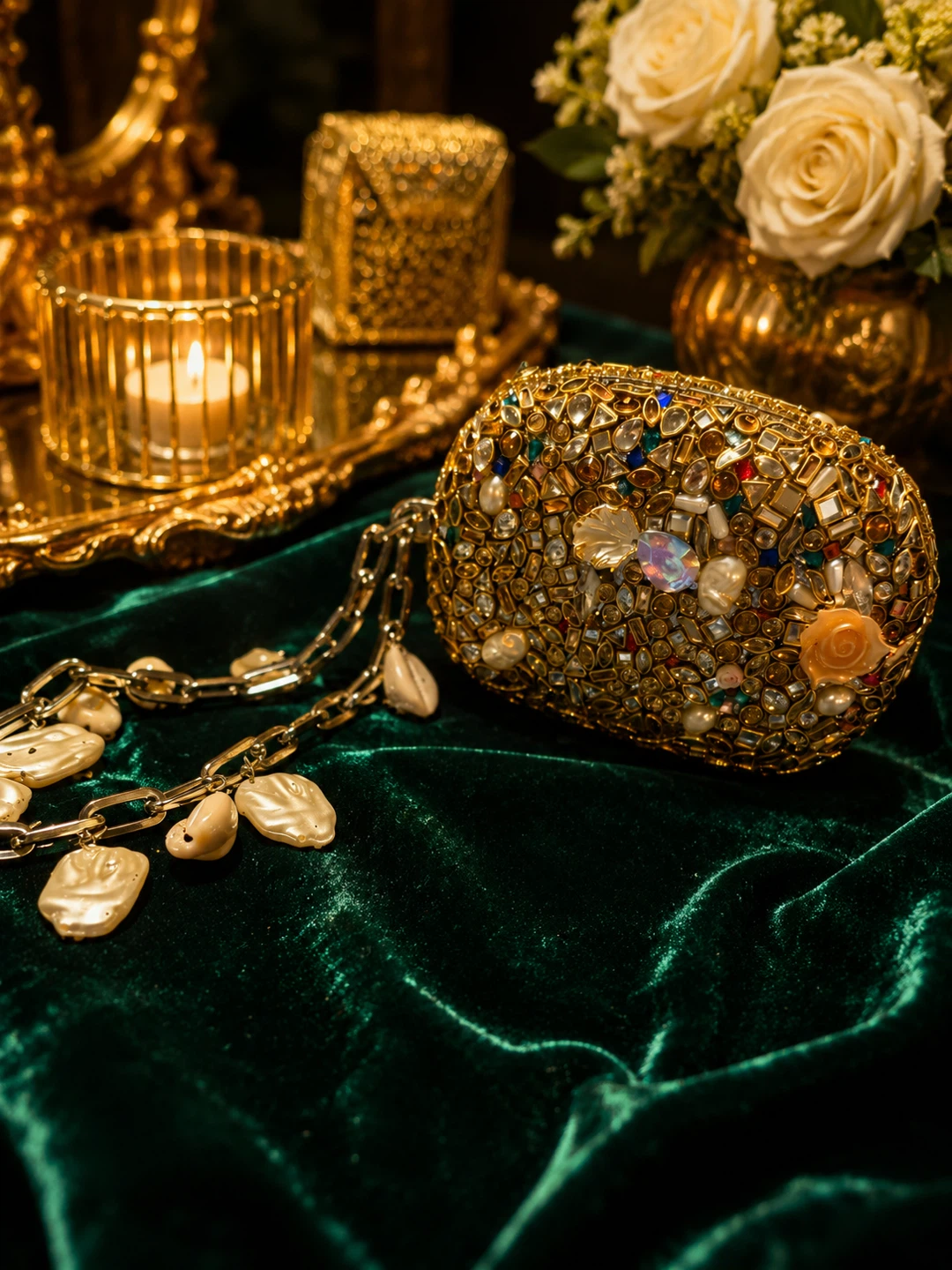 Embellished Clutch with Pearl & Shell Chain