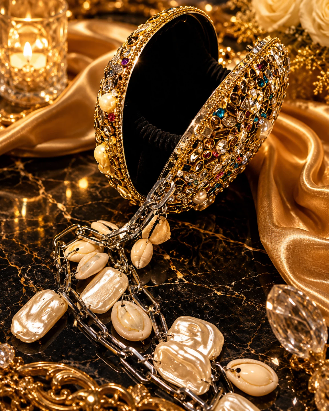 Embellished Clutch with Pearl & Shell Chain - photo 3