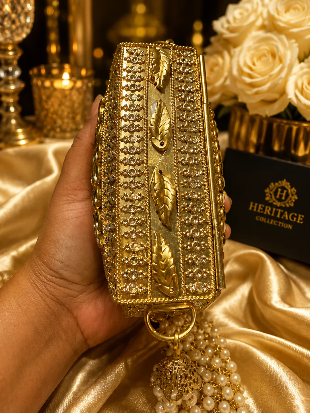 Gold Embellished Clutch with Pearl Detailing - photo 3