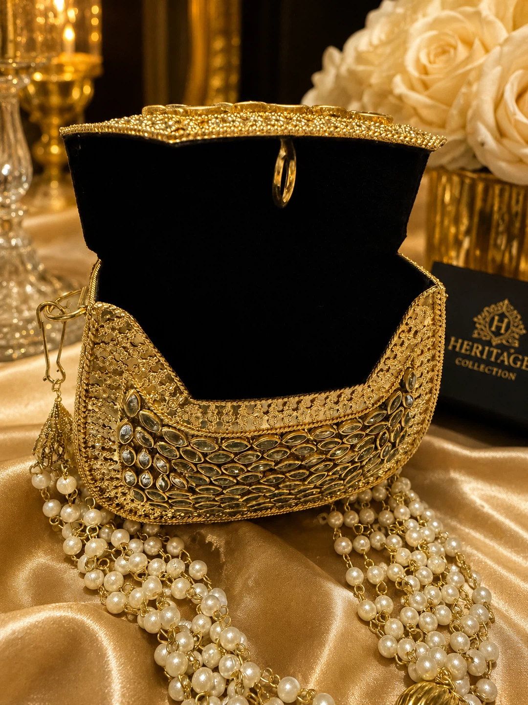 Gold Embellished Clutch with Pearl Detailing - photo 4