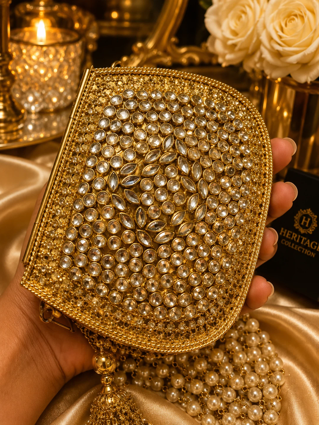 Gold Embellished Clutch with Pearl Detailing - photo 2