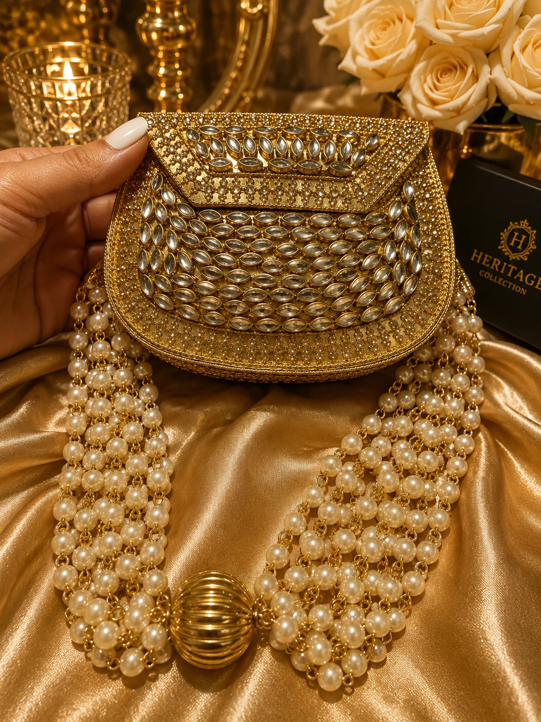 Gold Embellished Clutch with Pearl Detailing