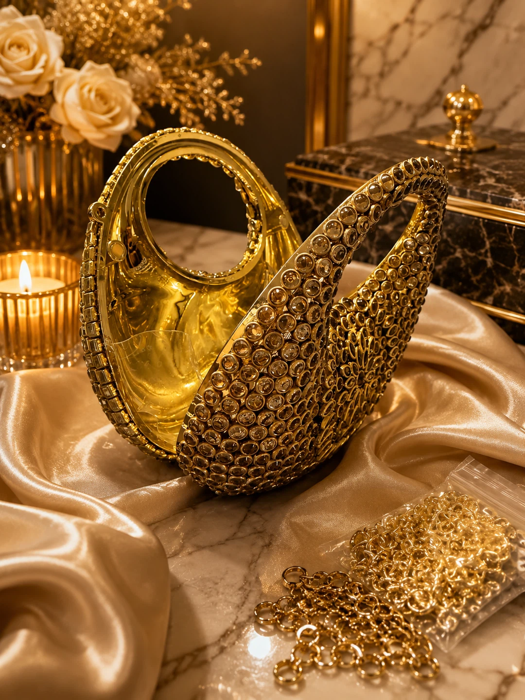 Gold Embellished Handbag with Chain Strap - photo 4
