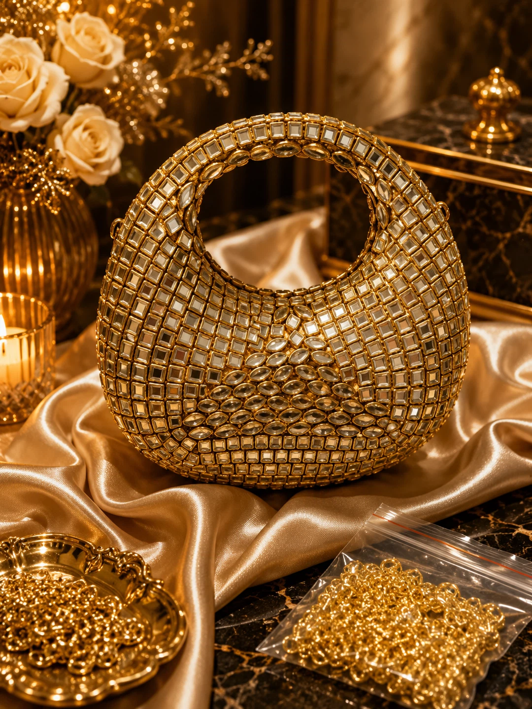 Gold Embellished Handbag with Chain Strap