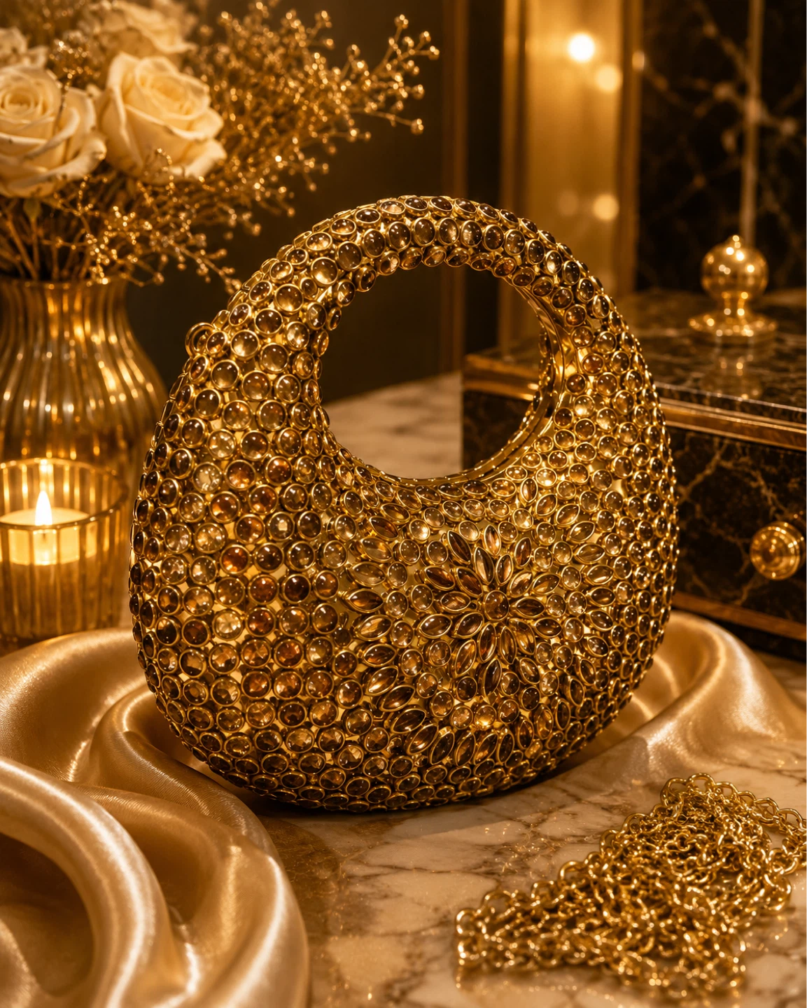 Gold Embellished Handbag with Chain Strap - photo 3
