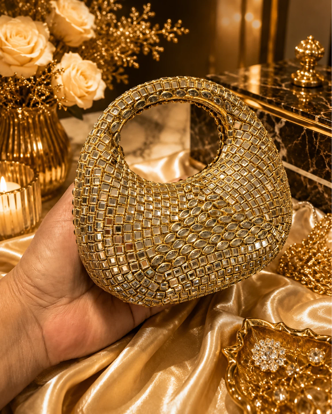 Gold Embellished Handbag with Chain Strap - photo 2