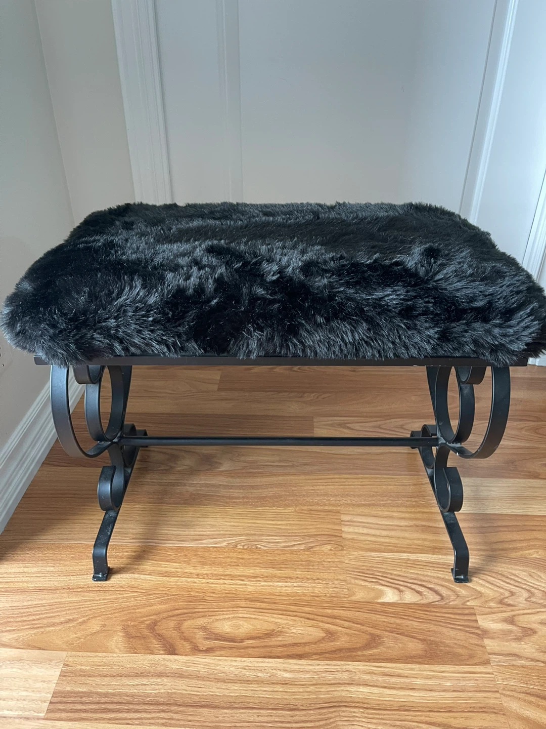 Black Faux Fur Ottoman Bench