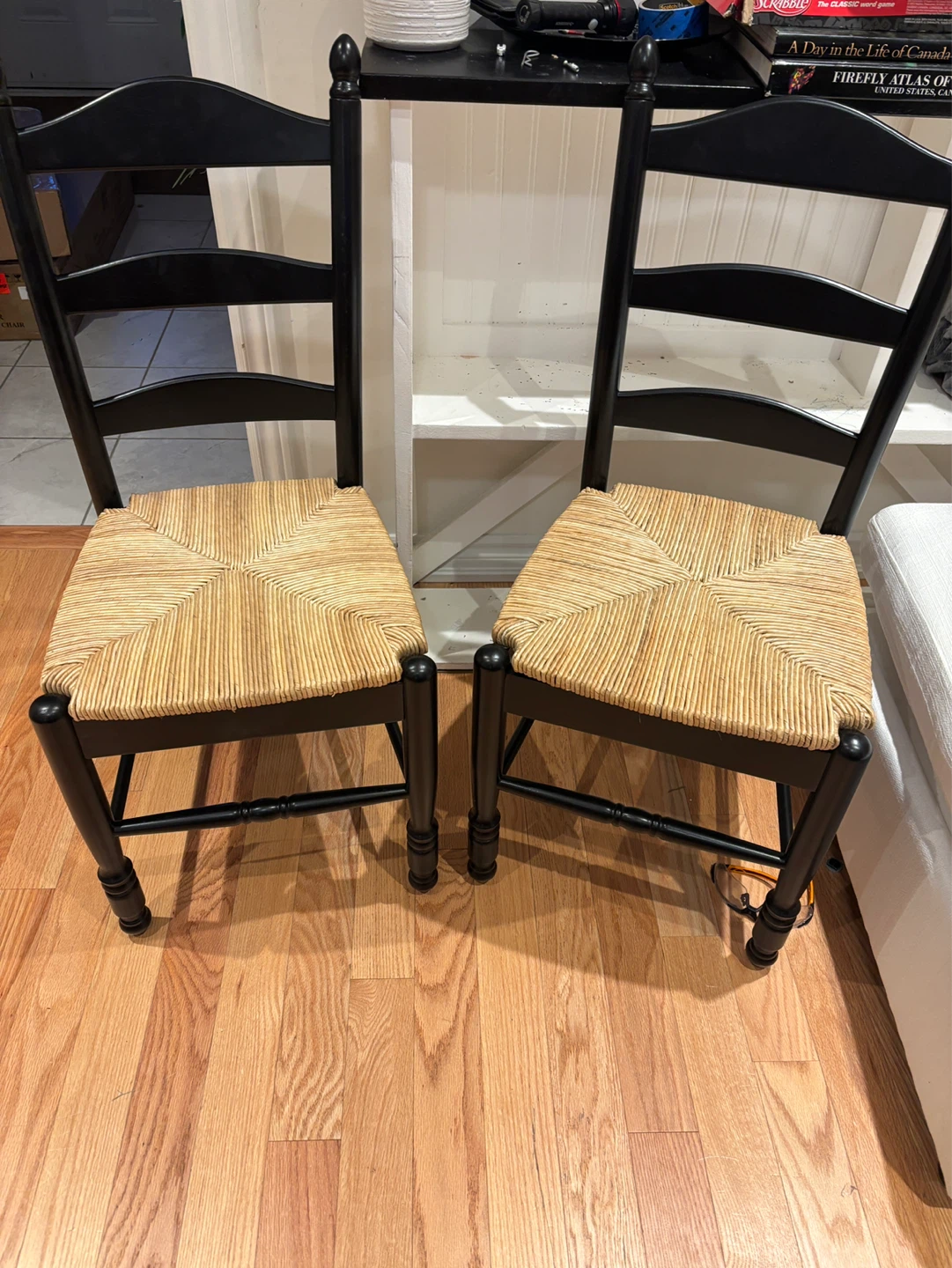 Set of 2 Black Chairs with Woven Rush Seats