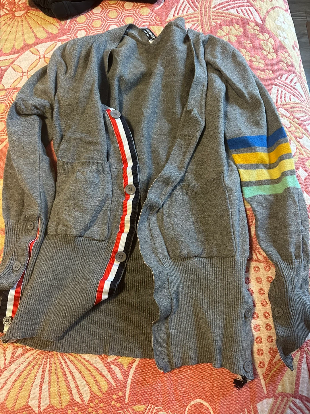 Grey Cardigan with Striped Sleeves
