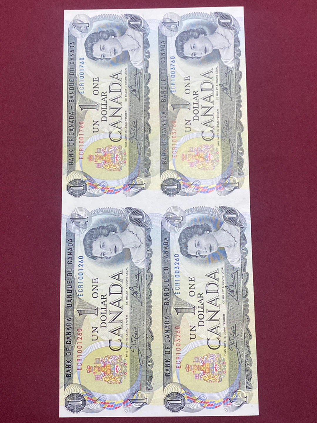 Sheet of 4 Canada 1 Dollar Banknotes