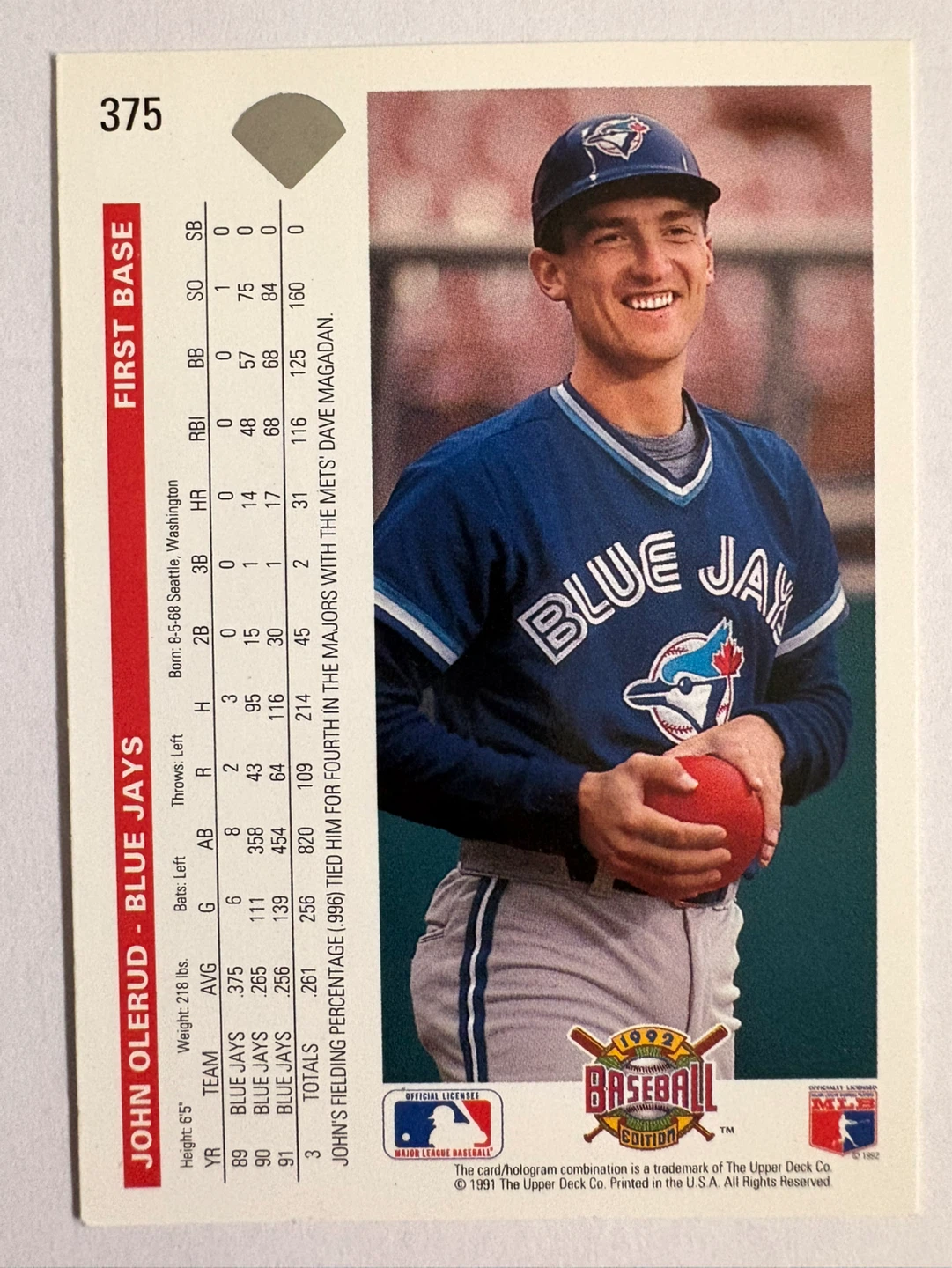 1991 Upper Deck Baseball Card - John Olerud Autographed - photo 2