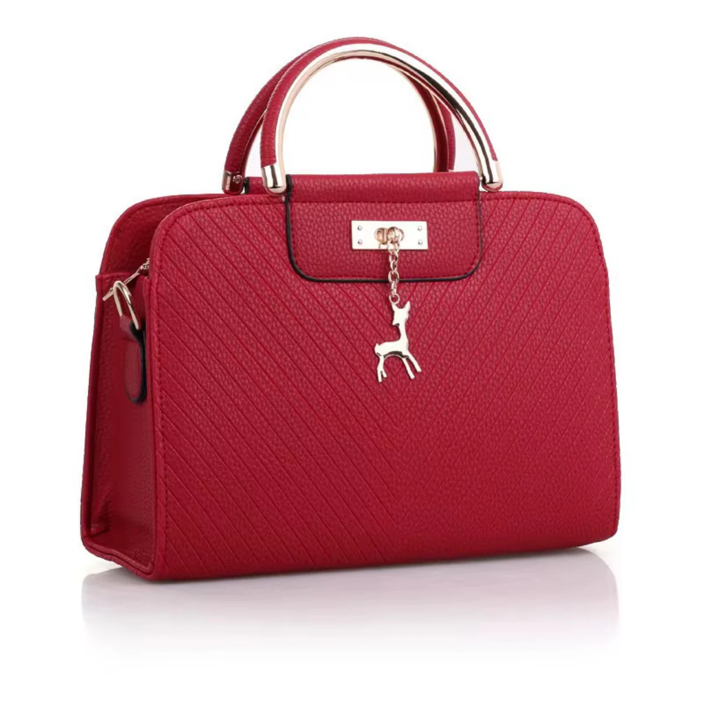 Red Satchel Handbag with Deer Charm