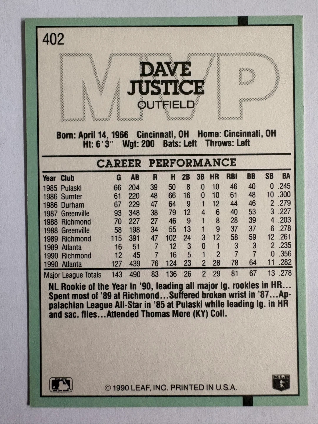 1990 Leaf Dave Justice MVP Baseball Card - photo 2