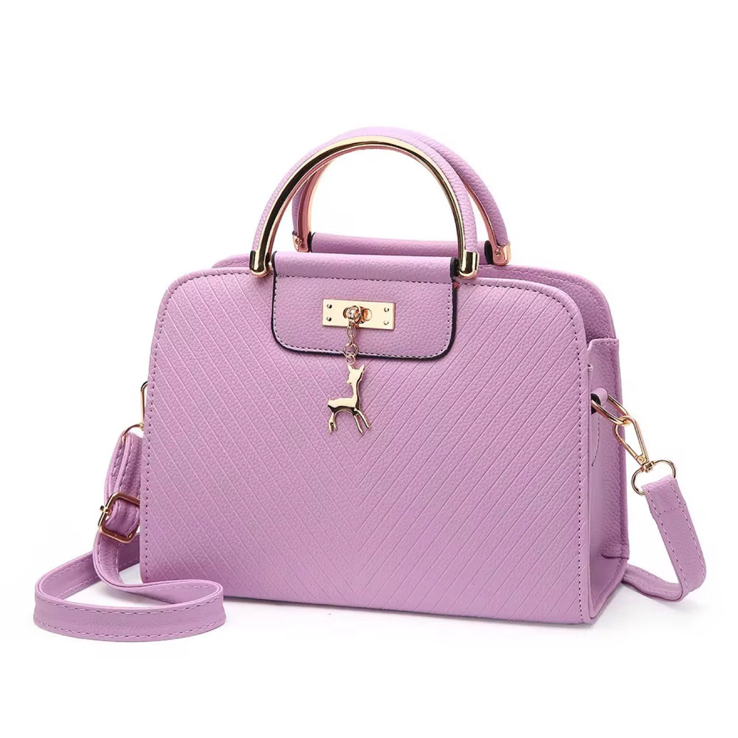 Lilac Textured Satchel Handbag with Deer Charm
