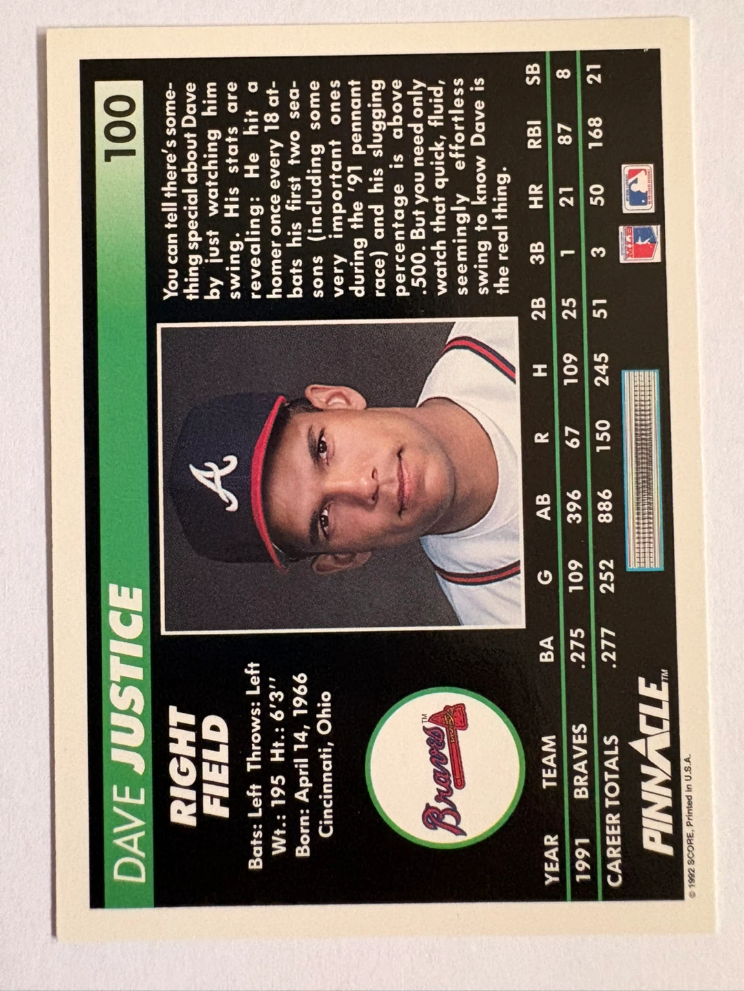 1991 Pinnacle Dave Justice Baseball Card - photo 2