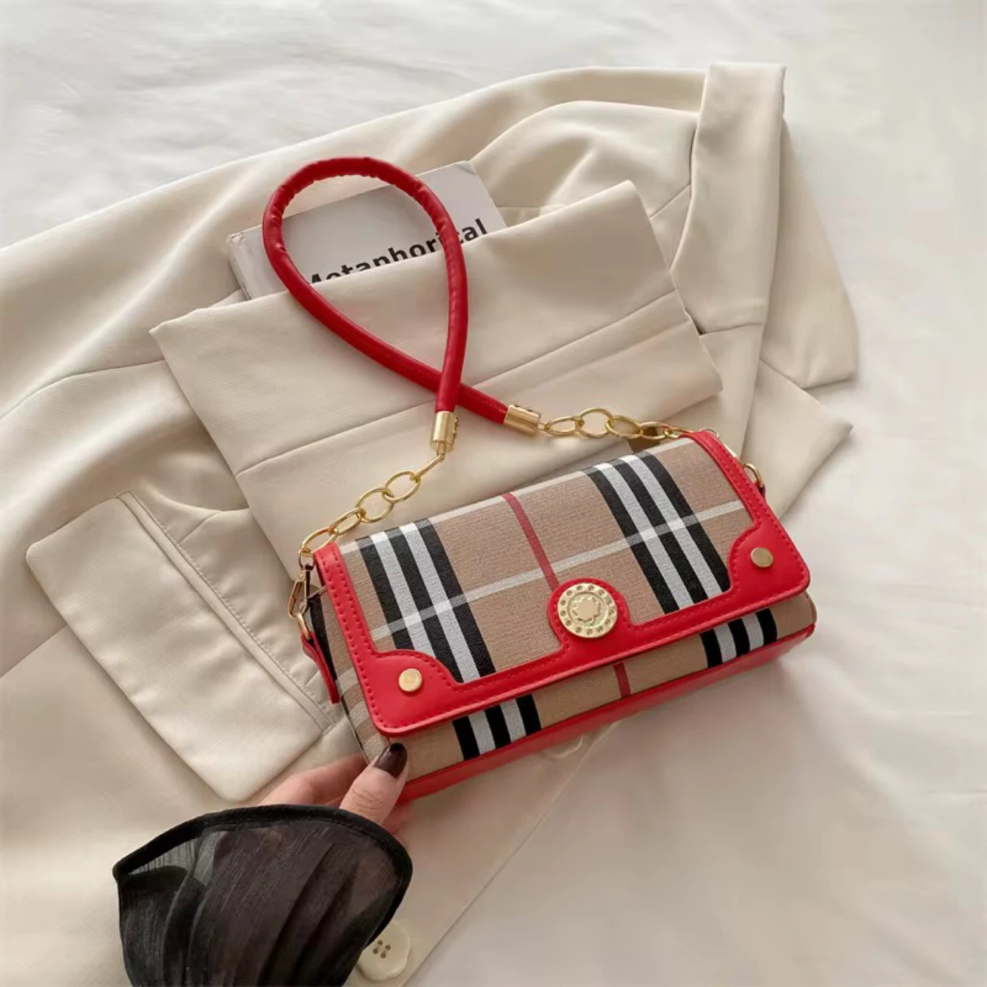 Plaid Crossbody Bag with Red Trim