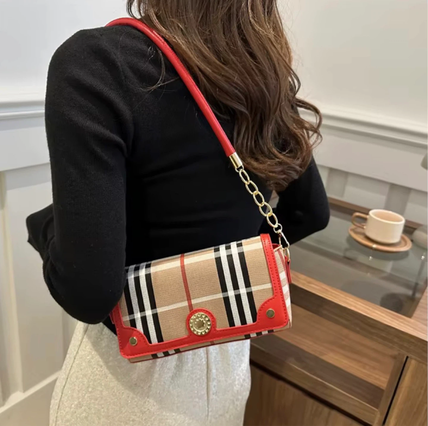 Plaid Crossbody Bag with Red Trim - photo 2