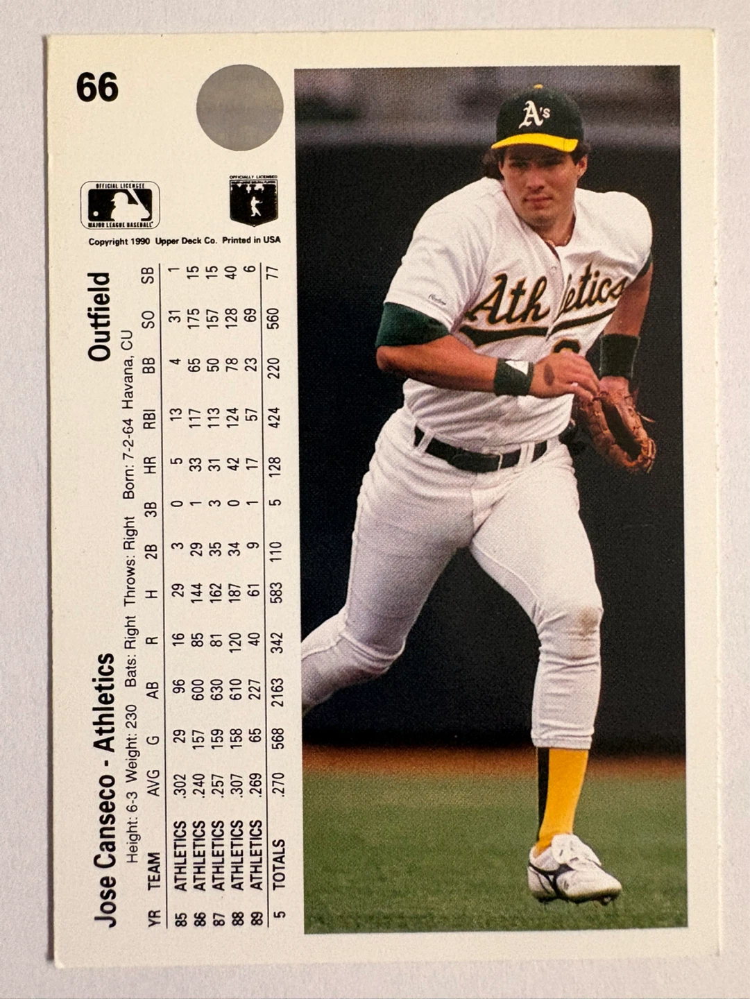 1990 Upper Deck Jose Canseco Baseball Card - photo 2