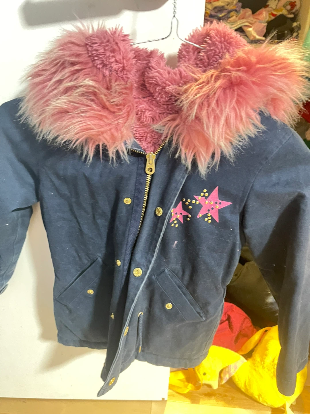 Girls Navy Star Parka with Pink Faux Fur Hood