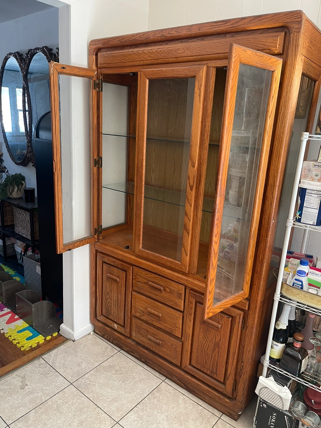 Vintage Wooden Cabinet with Glass Doors