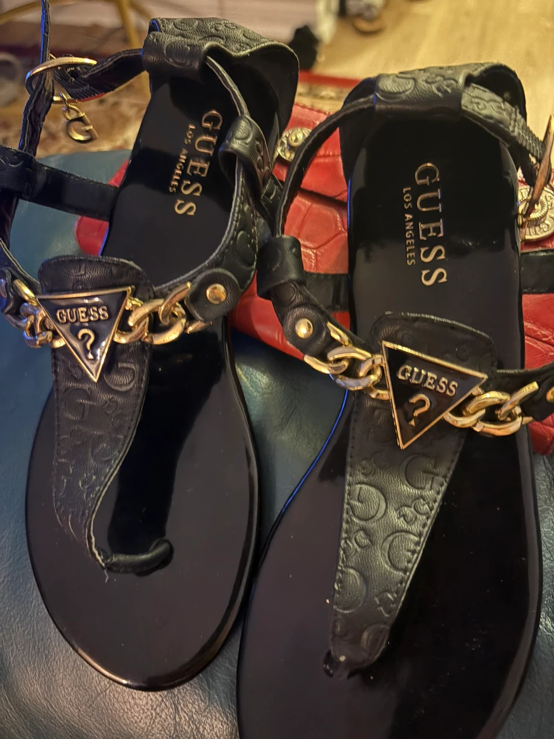 GUESS Black Sandals with Gold Chain Detail