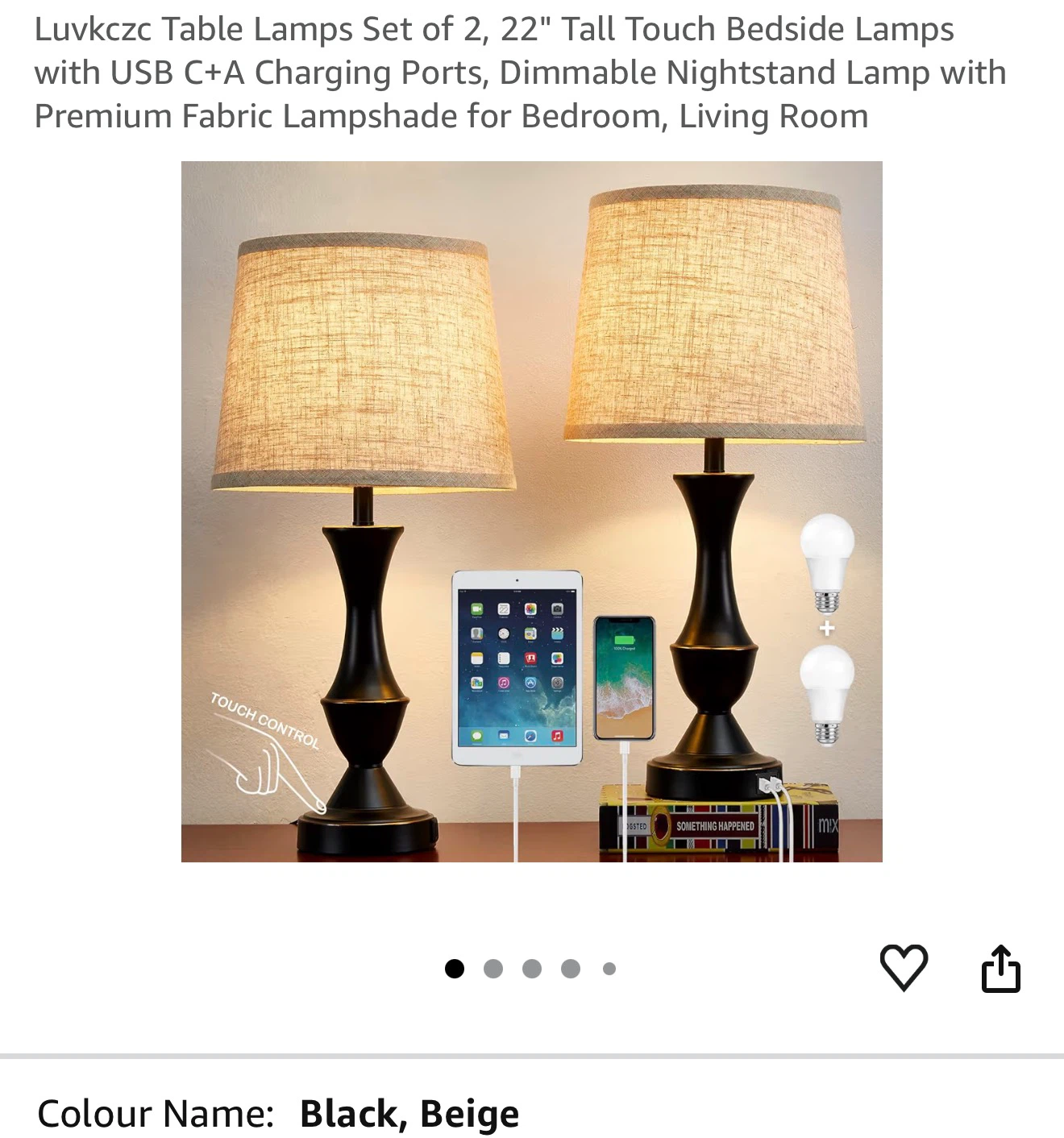 Luvkczc 22" Tall Touch Bedside Lamp with USB Charging Ports 22T