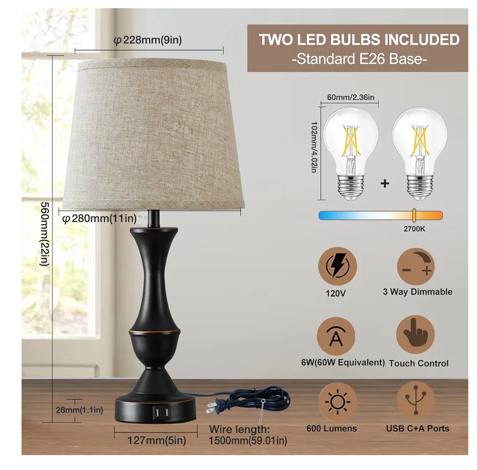 Luvkczc 22" Tall Touch Bedside Lamp with USB Charging Ports 22T - photo 2